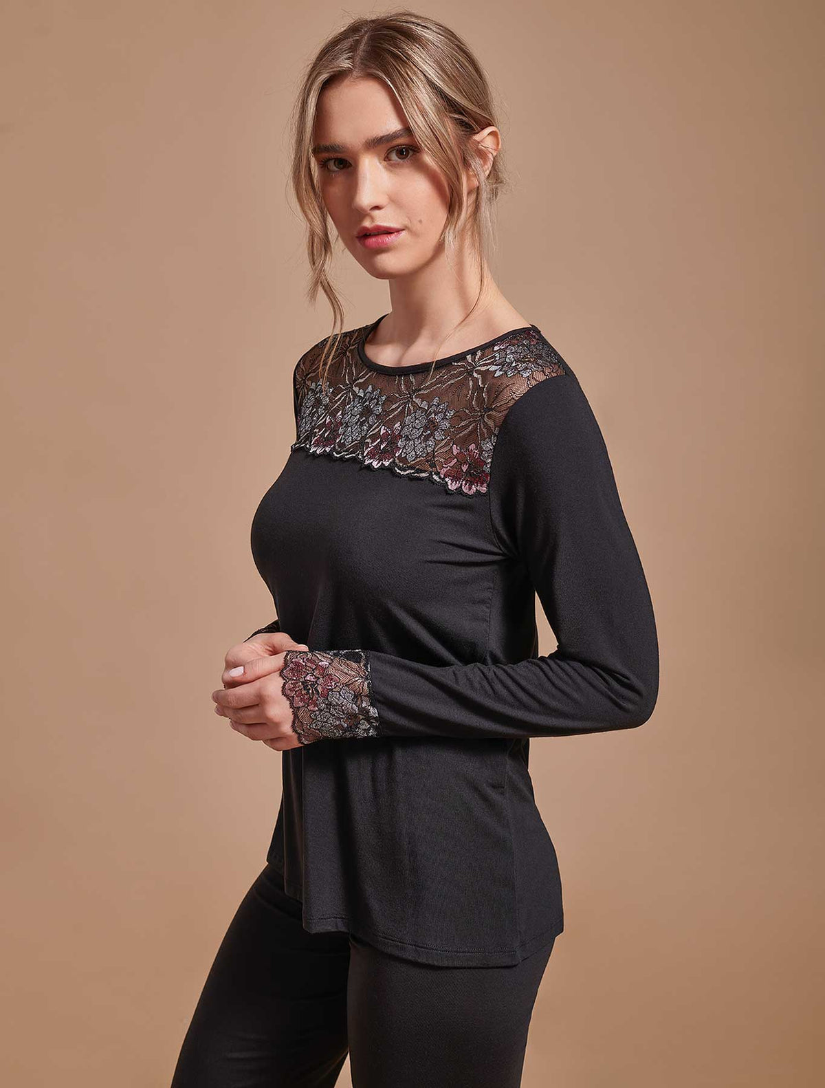 Maglia pigiama modal pizzo lurex nero