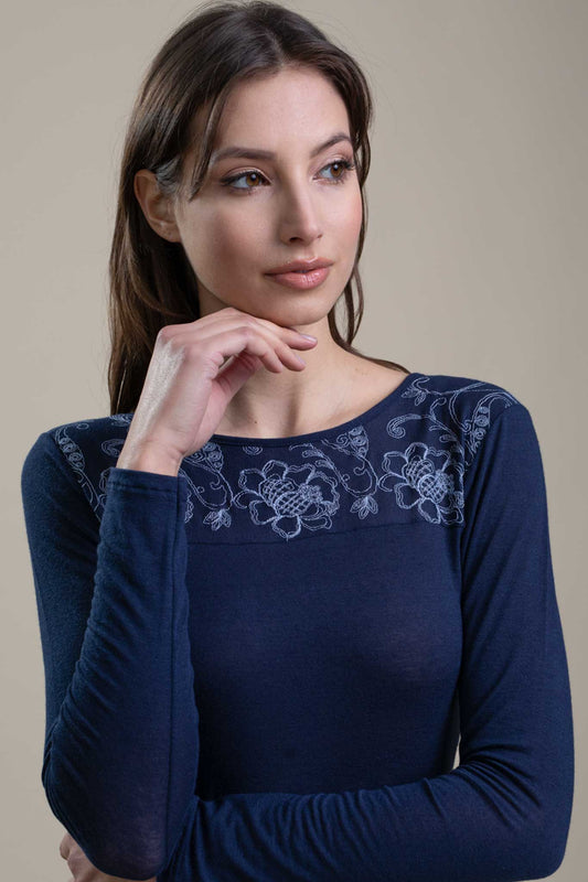 Maglia cashmere modal ricamo blu