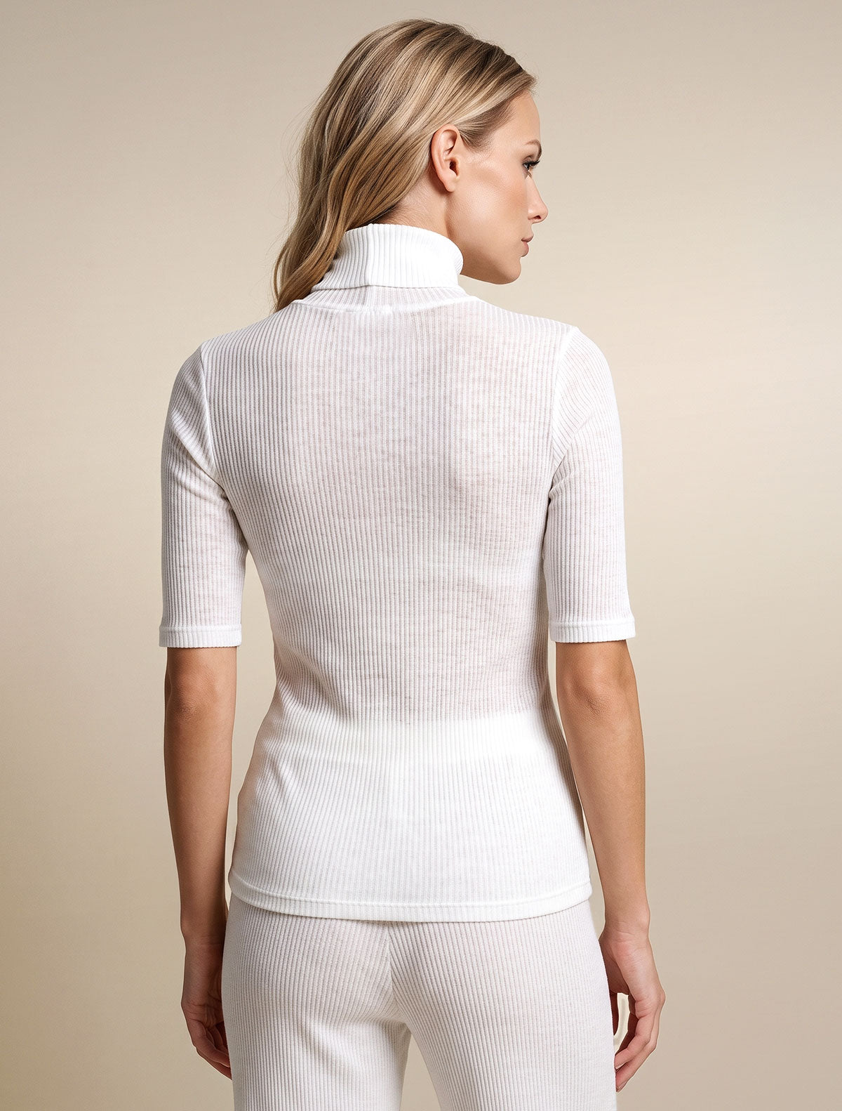 Col roulé manches courtes cashmere modal côtelé * Bianco