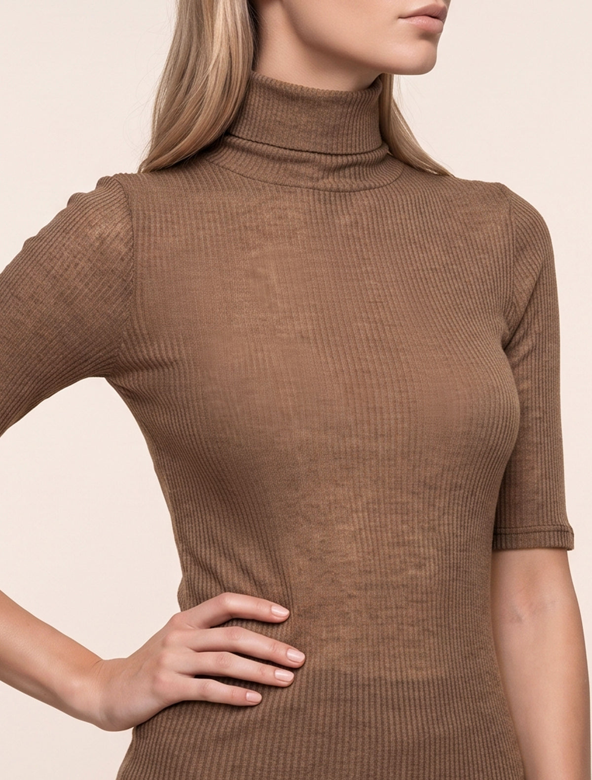 Col roulé manches courtes cashmere modal côtelé * Caramel