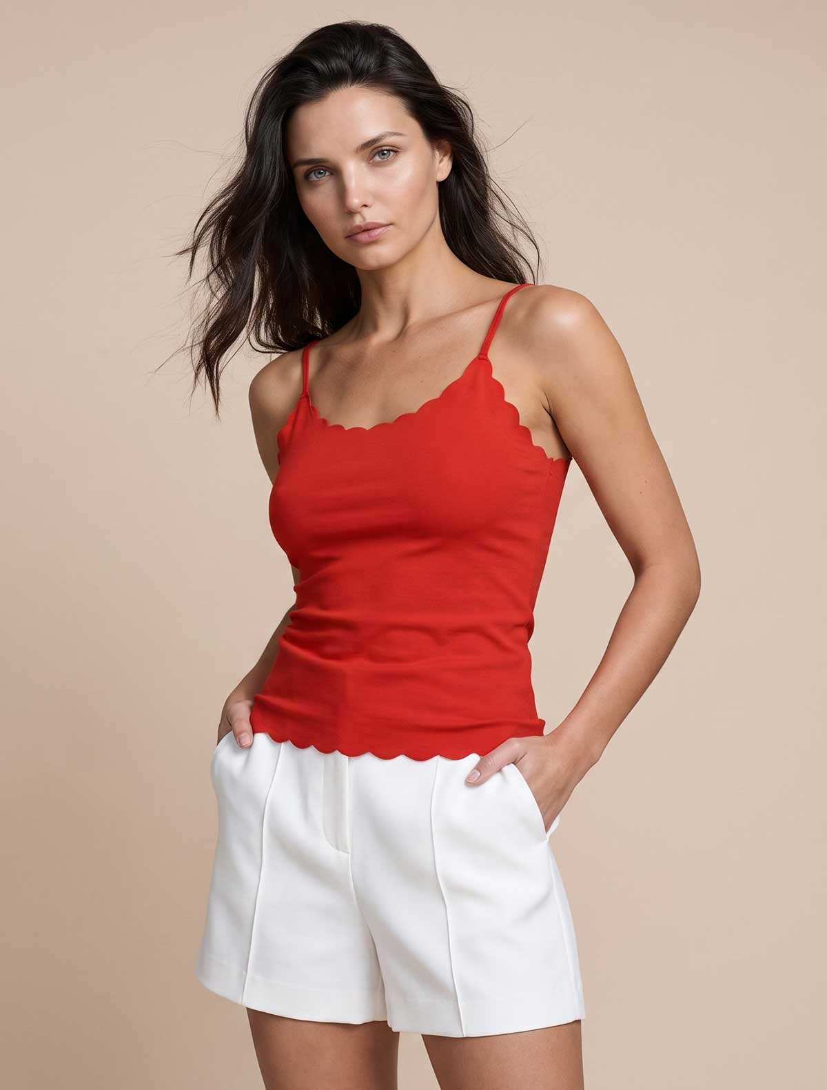 Raw cut cotton scalloped top * Rosso