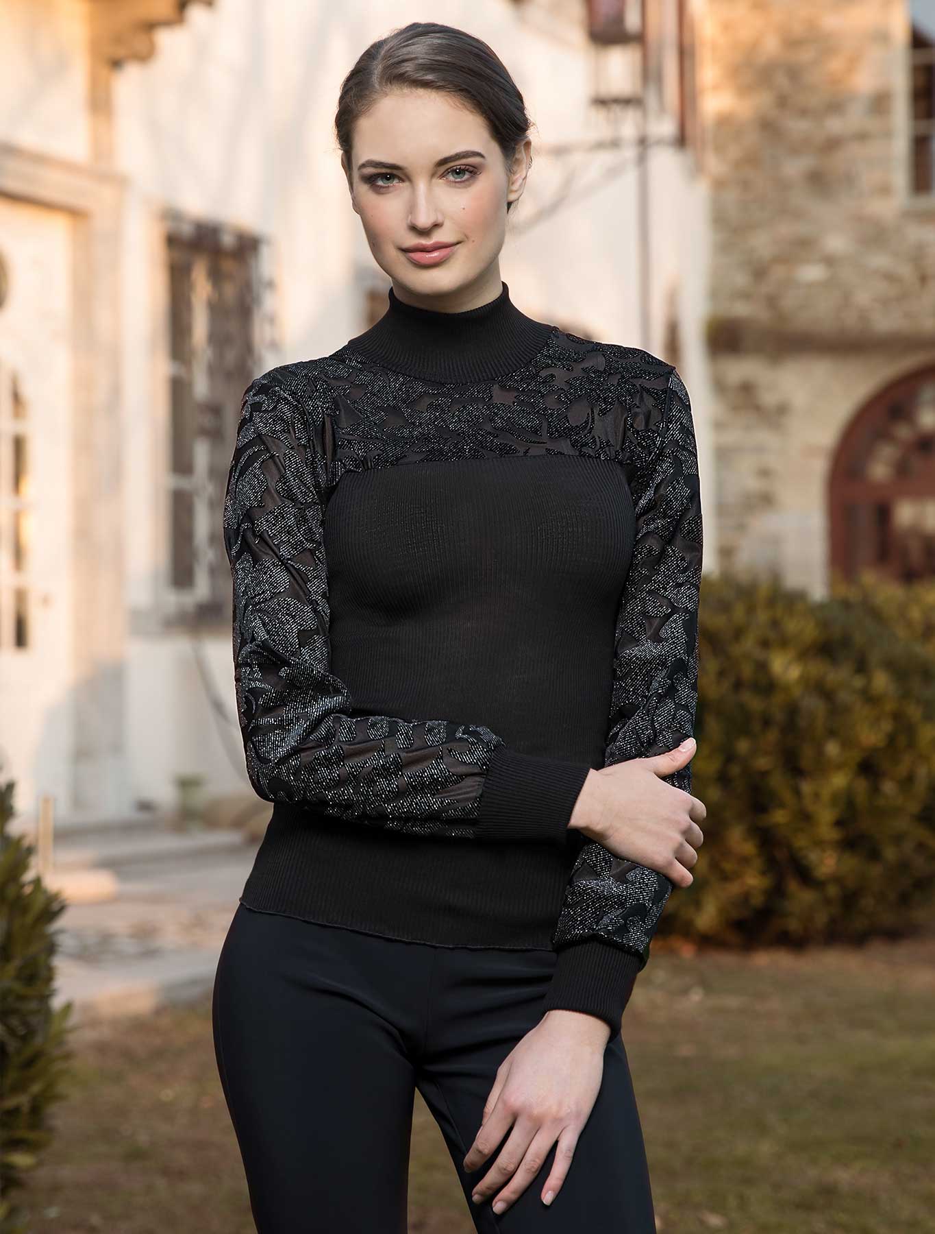 Maglia lupetto da donna 807 in lana seta Manica lunga e macramé